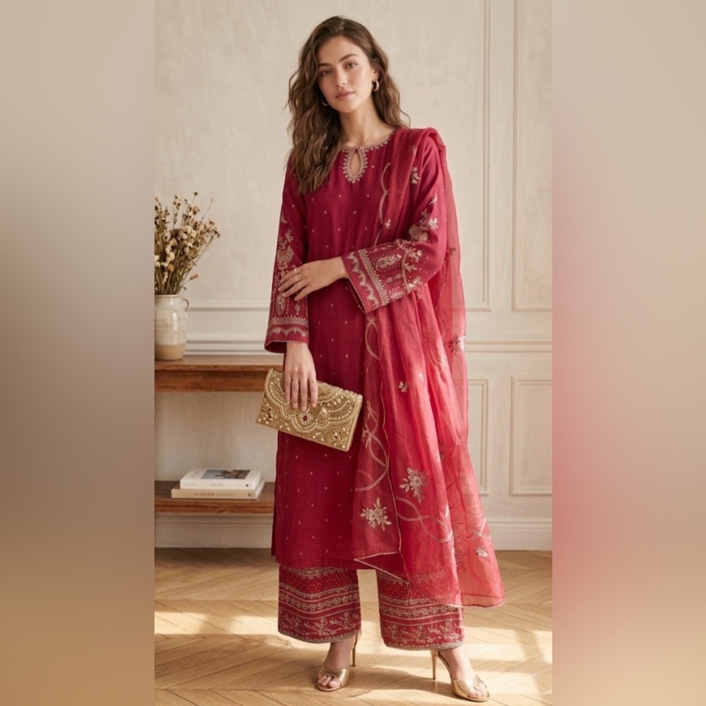 NWOT Naqshi Pakistani 3 Piece Suit Red Embroidered Kurta plazzo Set S